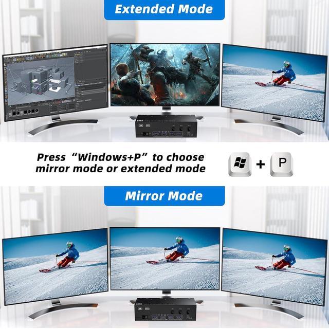 SMA [2 Displayport + HDMI] Triple Monitor USB 3.0 KVM Switch 3 Monitors 3 Computers 8K 60Hz DisplayPort 1.4 + HDMI2.1 KVM Switch For 3 PC Share 3 Display And 4 USB 3.0 Devices Wired Remote Included