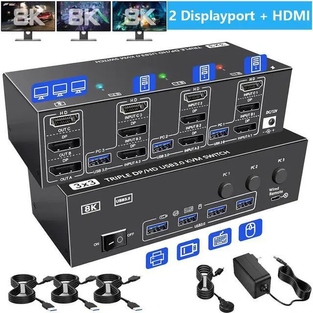 SMA [2 Displayport + HDMI] Triple Monitor USB 3.0 KVM Switch 3 Monitors 3 Computers 8K 60Hz DisplayPort 1.4 + HDMI2.1 KVM Switch for 3 PC Share 3 Display and 4 USB 3.0 Devices Wired Remote Included