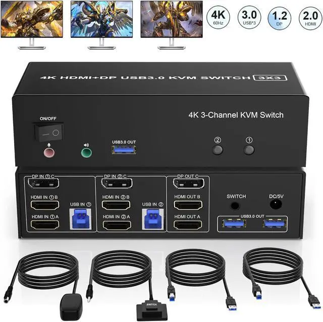 SMA 2 HDMI + 1 Displayport KVM Switch 3 Monitor 2 Computers 4K 60Hz Triple Monitor KVM Switch with Audio Microphone Output and 3 USB 3.0 Ports 2 Computers Share 3 Monitors Keyboard Mouse Switcher