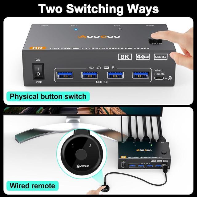SMA 2 Port HDMI + Displayport Dual Monitor KVM Switch 8K 60Hz 4K 144Hz HDMI+DP USB 3.0 KVM Switch Extended Display 2 Monitors 2 Computers With 4 USB 3.0 Ports USB Cables & Wired Controller Included