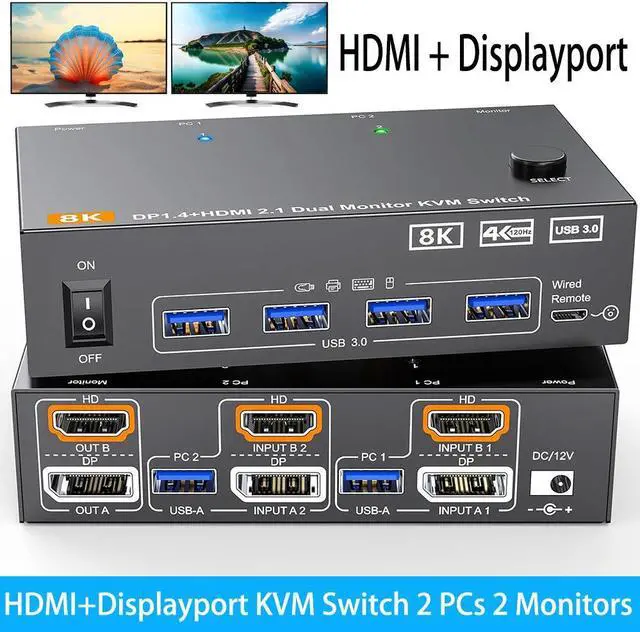 SMA 2 Port HDMI + Displayport Dual Monitor KVM Switch 8K 60Hz 4K 144Hz HDMI+DP USB 3.0 KVM Switch Extended Display 2 Monitors 2 Computers with 4 USB 3.0 Ports USB Cables & Wired Controller included