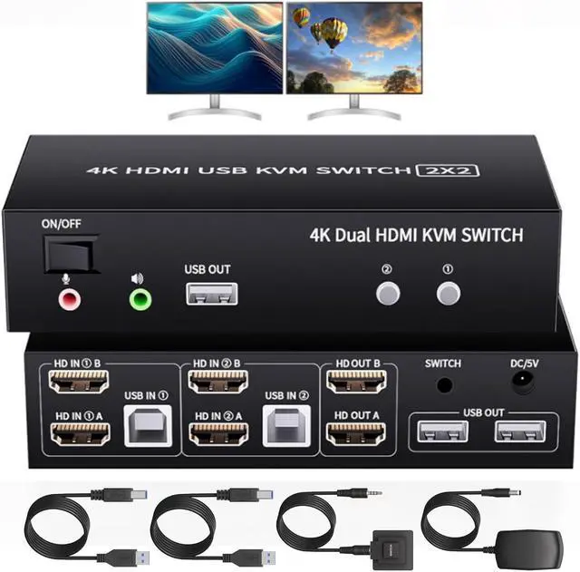 SMA 2x2 KVM Switch 2 Monitors 2 Computers 4K 60Hz Dual Monitor HDMI KVM Switch 2 PC Share 2 Monitor Audio Mic Port and 3 USB Ports Support Extended and Copy Mode PC Monitor Keyboard Mouse Switcher