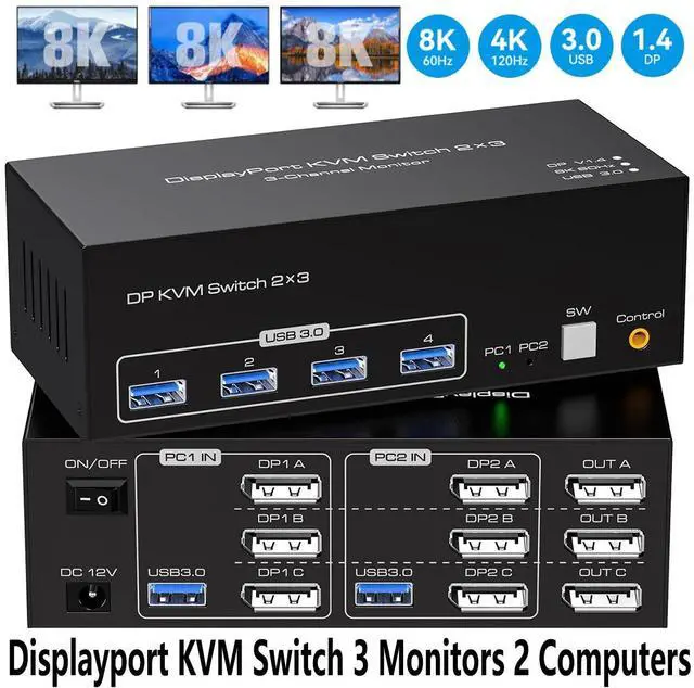 SMA 4K 120Hz Displayport KVM Switch 3 Monitors 2 Computers 8K 60Hz Triple Monitor DP USB 3.0 KVM Switches for 2 PC/Laptops Share 3 Monitors & 4 USB 3.0 Ports Support Extended & Duplicate Display Mode