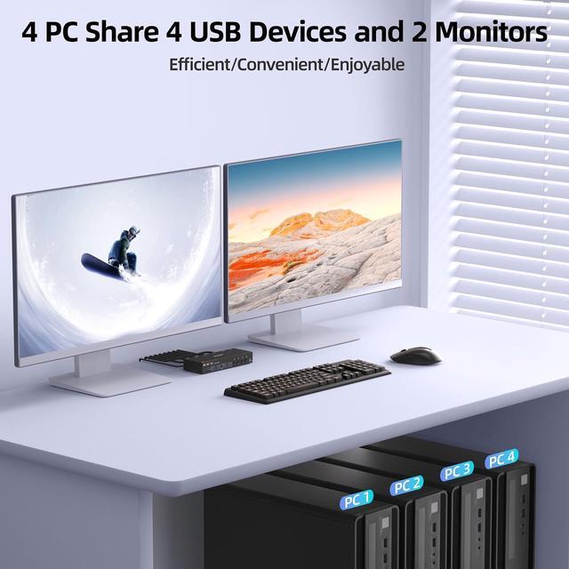 SMA 4K 144Hz KVM Switch 2 Monitors 4 Computers 8K 60Hz HDMI + Displayport KVM Switch Dual Monitor With 4 USB 3.0 Port For Keyboard Mouse Printer Wired Remote Power Adapter And 4 USB Cables Included