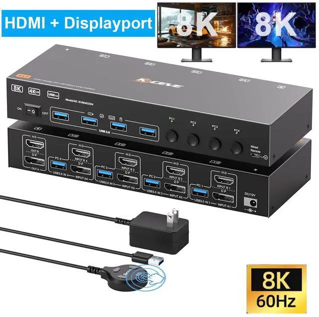 SMA 4K 144Hz KVM Switch 2 Monitors 4 Computers 8K 60Hz HDMI + Displayport KVM Switch Dual Monitor with 4 USB 3.0 Port for Keyboard Mouse Printer Wired Remote Power Adapter and 4 USB Cables Included
