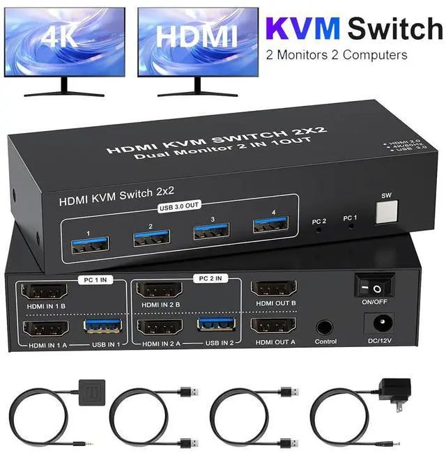 SMA 4K HDMI KVM Switch 2 Monitors 2 Computers 4K 60Hz Dual Monitor KVM Switcher 2PC Extended Display for 2 Computers Share 4 USB 3.0 Devices Keyboard Mouse Hard Drives Printer with Desktop Controller
