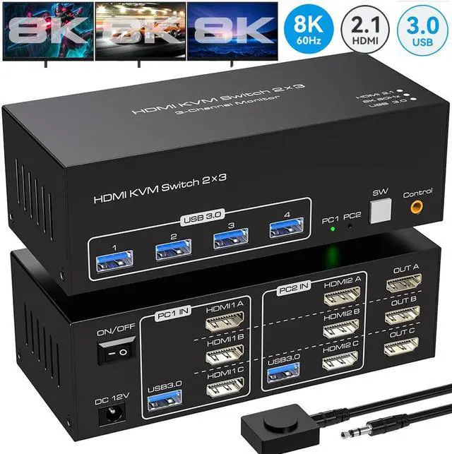 SMA 4K144Hz HDMI KVM Switch 3 Monitors 2 Computers 8K60Hz 2 PC Triple Monitors HDMI KVM Switches With 4 Ports USB 3.0 to Connect Keyboard Mouse and Printer Includes 2 USB 3.0 Cables and DC12V Adapter