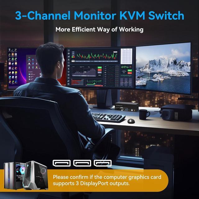 SMA 8K 60Hz Displayport KVM Switch 3 Monitors 2 Computers 4K 144Hz USB 3.0 KVM Switches DP 1.4 Triple Monitor Switch For 2 Computers With 4 USB3.0 Ports Support Extended & Copy Mode Wired Controller