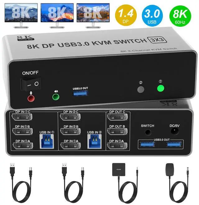 SMA 8K 60Hz Displayport KVM Switch 3 Monitors 2 Computers 4K 144Hz DP1.4 KVM Switch Triple Monitor for 2 Computer Share 3 Monitor Audio Mic Port and 3 USB3.0 Devices Support Extended and Copy Mode