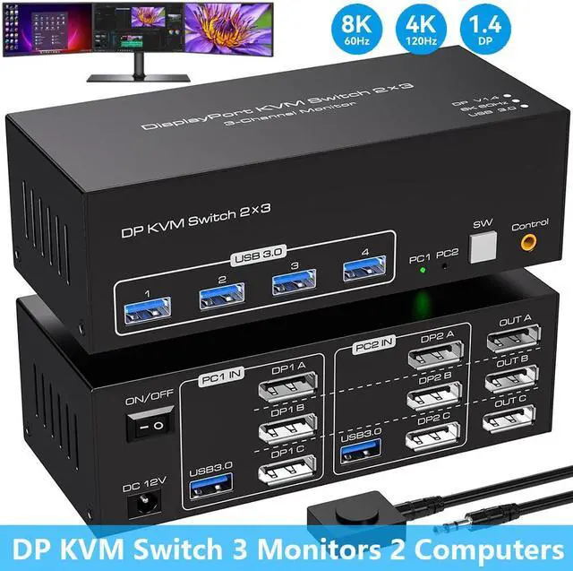 SMA 8K 60Hz Displayport KVM Switch 3 Monitors 2 Computers 4K 144Hz USB 3.0 KVM Switches DP 1.4 Triple Monitor Switch for 2 Computers with 4 USB3.0 Ports Support Extended & Copy Mode Wired Controller