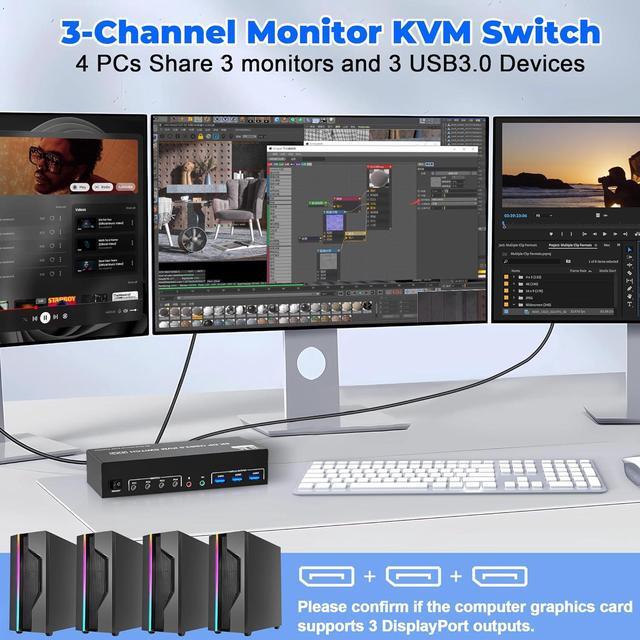 SMA 8K 60Hz DisplayPort KVM Switch 3 Monitors 4 Computers USB 3.0 DP 1.4 KVM Switch 4K 144Hz Triple Monitor For 4 Computers With Audio And 3 USB 3.0 Ports KVM Triple Monitor Keyboard Mouse Switcher