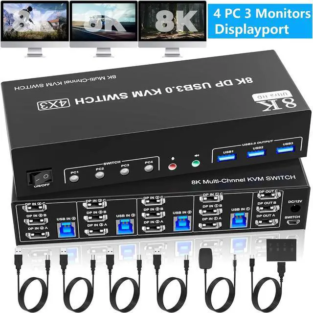 SMA 8K 60Hz DisplayPort KVM Switch 3 Monitors 4 Computers USB 3.0 DP 1.4 KVM Switch 4K 144Hz Triple Monitor for 4 Computers with Audio and 3 USB 3.0 Ports KVM Triple Monitor Keyboard Mouse Switcher