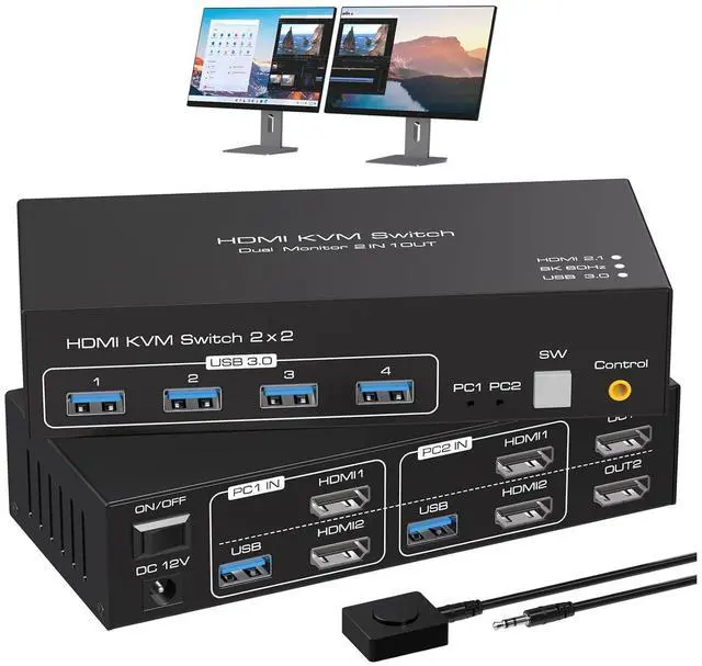 SMA 8K 60Hz HDMI KVM Switch 2 Monitors 2 Computers 4K120Hz Dual Monitor HDMI KVM Switches for 2 PC Share 2 Screens and 1 Set of Keyboard Mouse Printer with Wired Controller Support Extended Mode