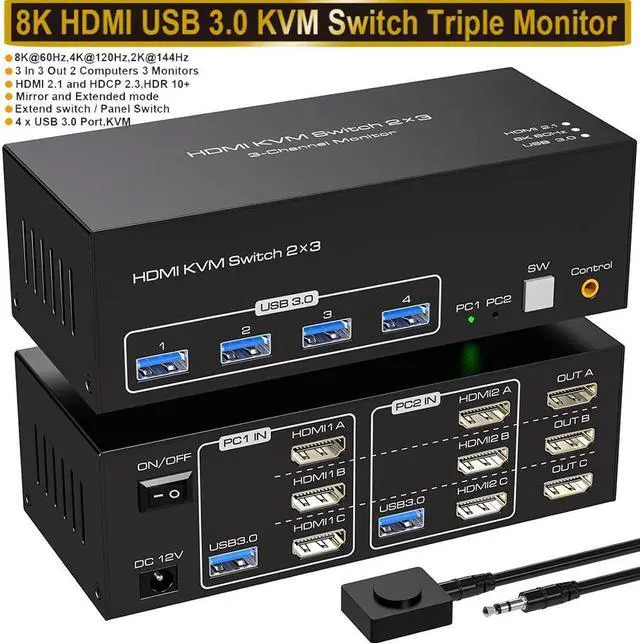 SMA 8K 60Hz HDMI KVM Switch 3 Monitors 2 Computers USB 3.0 KVM Switches with 4 USB Ports Triple Monitor KVM Switches for 2 Computers Support Extended & Copy Mode 12V DC Adapter 2 USB Cables Included