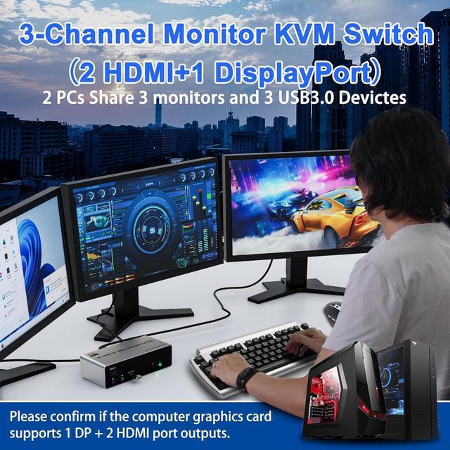 SMA 8K 60Hz KVM Switch 3 Monitors 2 Computers 4K 144Hz 2 HDMI+Displayport KVM Switch Triple Monitor For 2 Computer Share 3 Monitor Audio Mic Port & 3 USB3.0 Devices Wired Remote & 5V Power Adapter