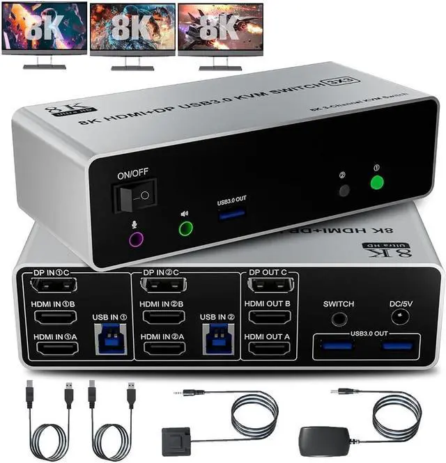 SMA 8K 60Hz KVM Switch 3 Monitors 2 Computers 4K 144Hz 2 HDMI+Displayport KVM Switch Triple Monitor for 2 Computer Share 3 Monitor Audio Mic Port & 3 USB3.0 Devices Wired Remote & 5V Power Adapter