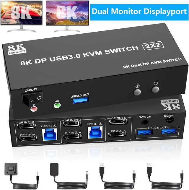 SMA 8K 60Hz USB 3.0 Displayport KVM Switch 2 Monitors 2 Computers DP 1.4 Dual Monitor KVM Switches for 2 PCs Share 2 Monitors and 3 USB Devices with Audio Microphone Support Extended & Mirror Mode