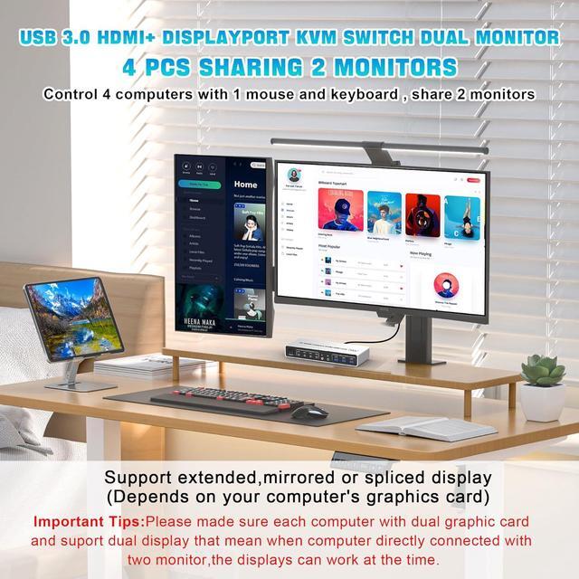 SMA Displayport+HDMI KVM Switch 2 Monitors 4 Computers 4K 60Hz Dual Monitor KVM Switch 4 In 2 Out With Audio Microphone Output And 3 USB 3.0 Ports 4 Port HDMI + DP Monitor Switch For 4 PCs 2 Monitor