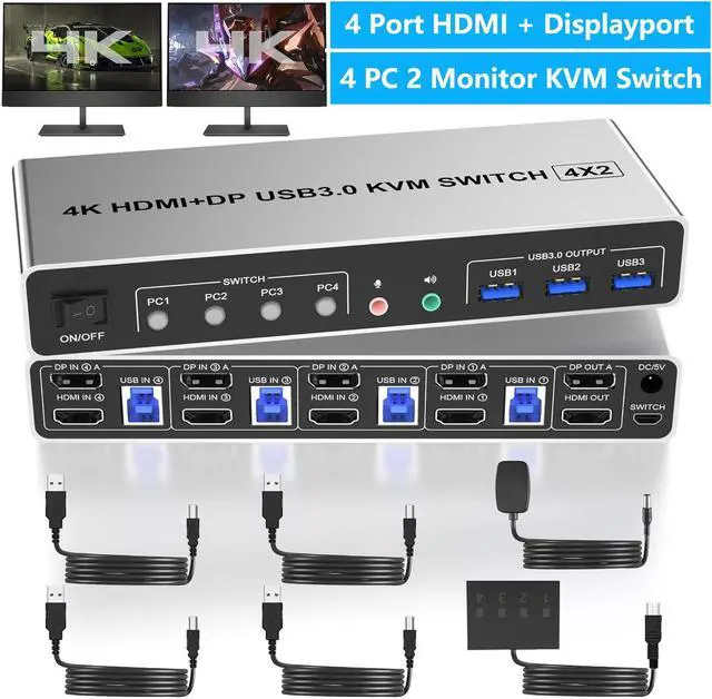 SMA Displayport+HDMI KVM Switch 2 Monitors 4 Computers 4K 60Hz Dual Monitor KVM Switch 4 in 2 Out with Audio Microphone Output and 3 USB 3.0 Ports 4 Port HDMI + DP Monitor Switch for 4 PCs 2 Monitor