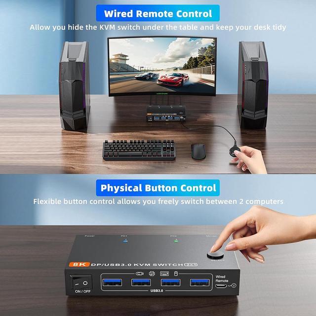 SMA Displayport KVM Switch 2 Computers 1 Monitor 8K 60Hz/4K 240Hz DP1.4 KVM Switch 2 In 1 Out Displayport KVM Switches For 2 PCs Share 1 Monitor And 4 USB 3.0 Devices Wired Wired Remote Controller