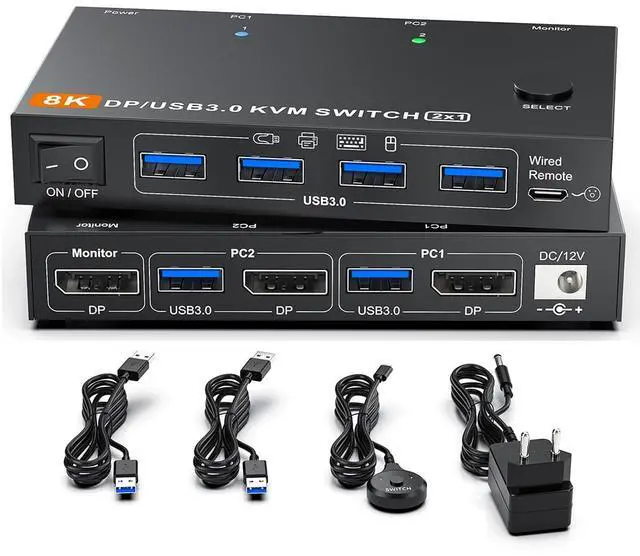 SMA Displayport KVM Switch 2 Computers 1 Monitor 8K 60Hz/4K 240Hz DP1.4 KVM Switch 2 in 1 Out Displayport KVM Switches for 2 PCs share 1 Monitor and 4 USB 3.0 Devices Wired Wired Remote Controller