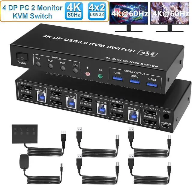 SMA Displayport KVM Switch 2 Monitors 4 Computers 4K 60Hz Dual Monitor Displayport USB 3.0 KVM Switch with Audio Microphone Output and 3 USB 3.0 Ports DP Monitor KVM switch for 4 PCs 2 Monitors