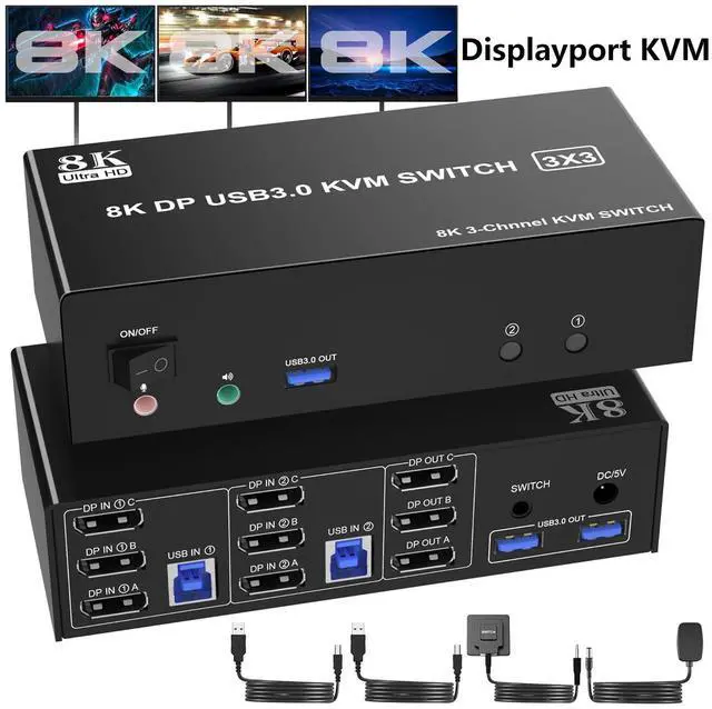 SMA Displayport USB 3.0 KVM Switch 3 Monitors 2 Computers 8K 60Hz DP1.4 Triple Monitor KVM Switch with Audio Microphone Output and 3 USB 3.0 Ports 8K DP KVM Triple Monitor Keyboard Mouse Switcher