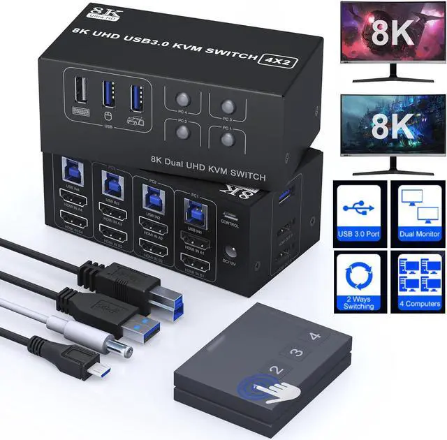 SMA Dual Monitor HDMI KVM Switch 2 Monitors 4 Computers 8K 60Hz 4K 120Hz HDMI USB 3.0 KVM Switcher PC Extended Display for 4 Computers Share 4 USB Devices - 4 in 2 Out HDMI KVM Switch for 4 PCs