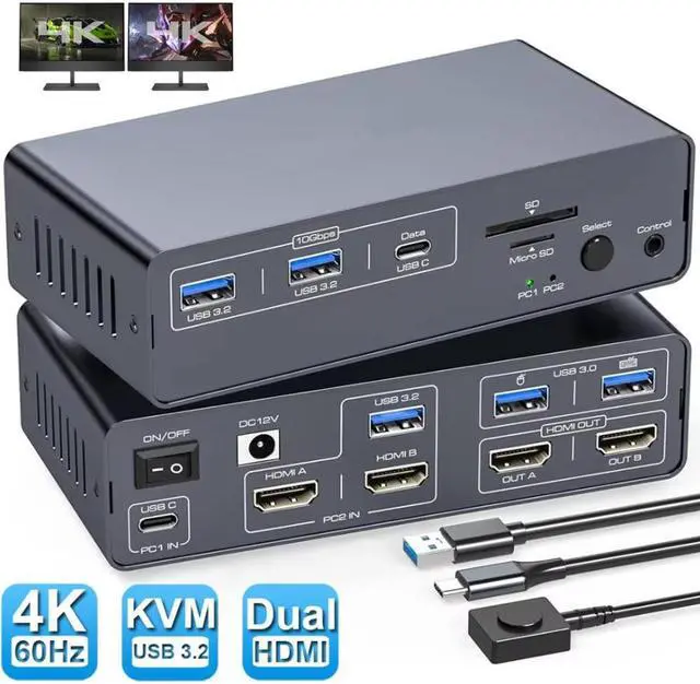SMA Dual Monitor KVM Switch 10Gbps USB 3.2 USB-C HDMI KVM Switch 4K 60Hz EDID emulation Dual Monitor HDMI KVM Switch for 1 Laptop 1 Computer 2 Monitor for Mac-book 2 PCs 13-in-1 Docking Station