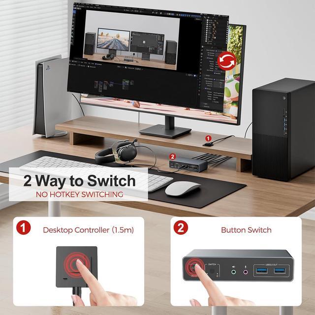 SMA HDMI KVM Switch 2 Monitors 2 Computers 4K 60Hz USB 3.0 KVM Switches Share Dual HDMI Monitors 3 USB Ports For Keyboard Mouse Hard Drives Mic Headset Ports 2 USB-B Cable DC 5V Adapter Controller