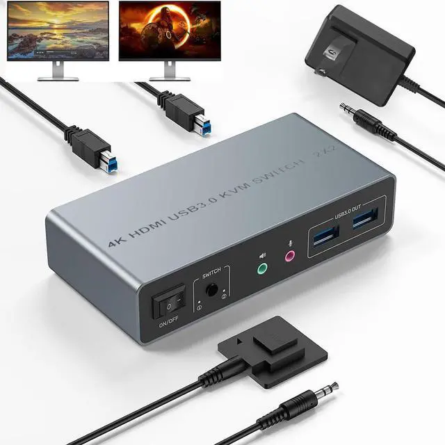 SMA HDMI KVM Switch 2 Monitors 2 Computers 4K 60Hz USB 3.0 KVM Switches Share Dual HDMI Monitors 3 USB Ports for Keyboard Mouse Hard Drives Mic Headset Ports 2 USB-B Cable DC 5V Adapter Controller