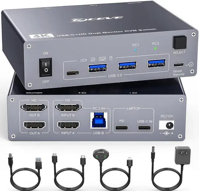 SMA KVM Switch 2 Monitors 2 Computers USB C HDMI Dual Monitor HDMI USB 3.0 Type C KVM Switcher Supports 4K 60Hz for 2 Computers Share Keyboard Mouse and 2 HDMI Monitors with Wired Remote