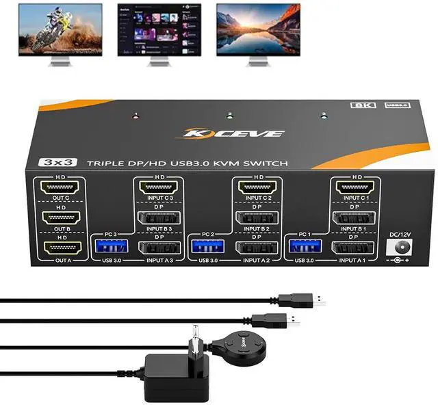SMA KVM Switch 3 Computers 3 Monitors 8K 60Hz /4K 144Hz 2* Displayport + HDMI Triple Monitor USB 3.0 KVM Switch for 3 PC Shares 3 Monitors and 4 USB 3.0 Devices with Wired Remote & 12V Power Adapter