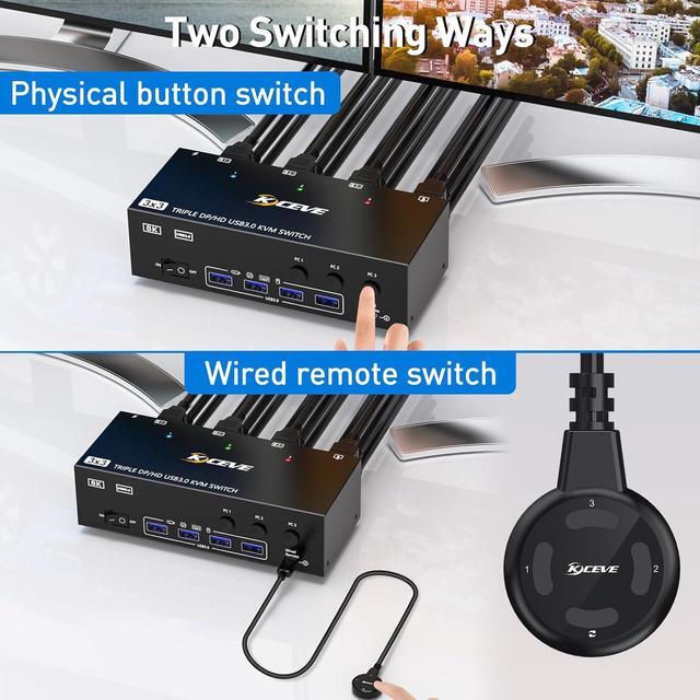 SMA KVM Switch 3 Monitors 3 Computers 8K 60Hz 4K 144Hz HDMI+2 Displayport USB 3.0 KVM Switch Triple Monitor For 3 Computer Share 3 Monitor And 4 USB 3.0 Devices Wired Remote & Power Adapter Included