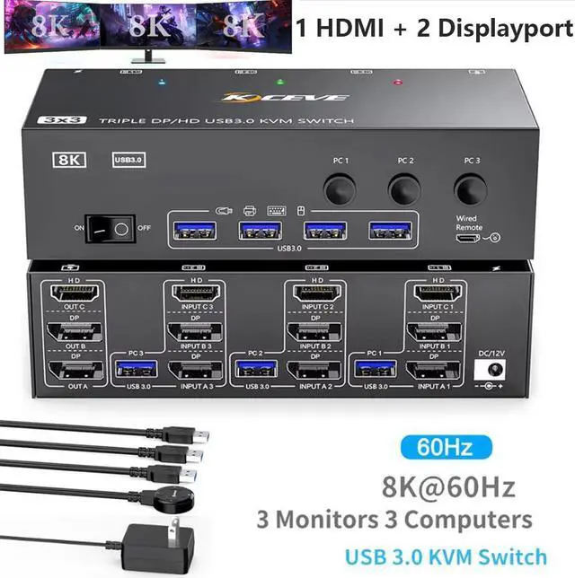 SMA KVM Switch 3 Monitors 3 Computers 8K 60Hz 4K 144Hz HDMI+2 Displayport USB 3.0 KVM Switch Triple Monitor for 3 Computer Share 3 Monitor and 4 USB 3.0 Devices Wired Remote & Power Adapter Included