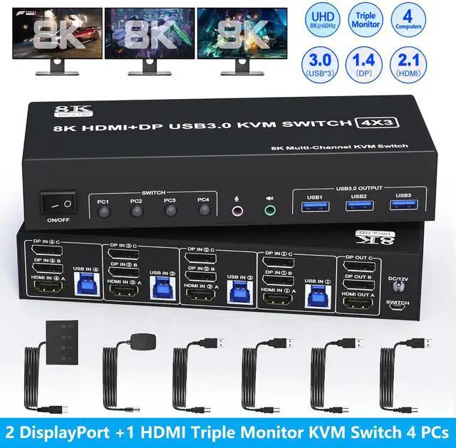 SMA KVM Switch 3 Monitors 4 Computers 8K 60Hz 4K 144Hz 2 DisplayPort +1 HDMI Triple Monitor KVM Switch for 4 Computers with Audio and 3 USB 3.0 Ports KVM Triple Monitor Keyboard Mouse Switcher