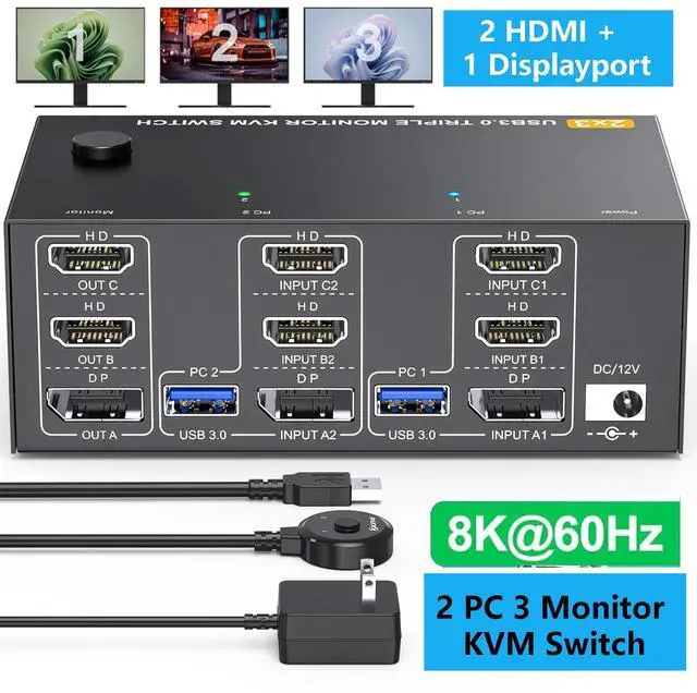 SMA Triple Monitor KVM Switch 2 PCs 3 Monitors 8K 60Hz 4K 144Hz 2 HDMI + 1 Displayport USB 3.0 KVM Switch Extended Display 3 Monitors 2 Computers KVM with USB 3.0 Cables Wired Controller