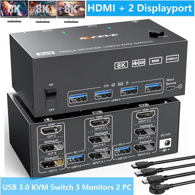 SMA Triple Monitors USB 3.0 KVM Switch 3 Monitors 2 Computers 8K 60Hz 4K 144Hz HDMI + 2 Displayport KVM Switch for 2 PC share 3 Monitors 4 USB 3.0 Devices With Wired Remote 5 Cables & Power adapter