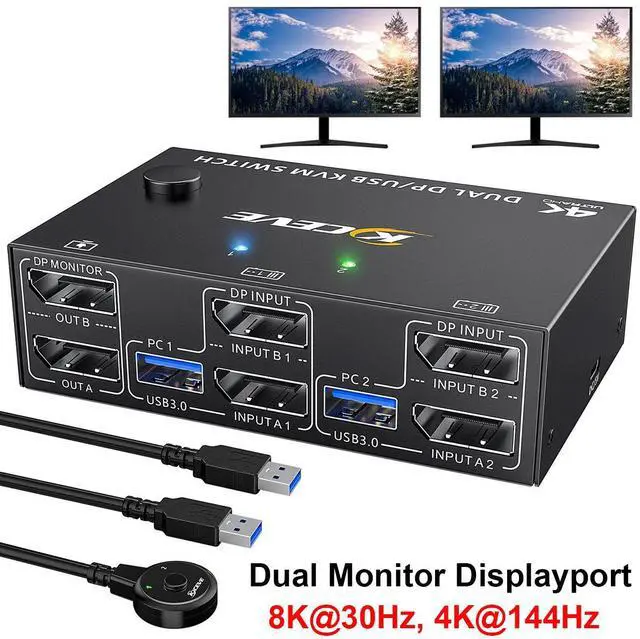 SMA USB 3.0 Displayport KVM Switch 2 Monitors 2 Computers 8K 30Hz 4K 144Hz Dual Monitor Displayport 1.4 KVM Switches with 4 USB 3.0 Port for USB Device Wired Remote and USB Cables Included