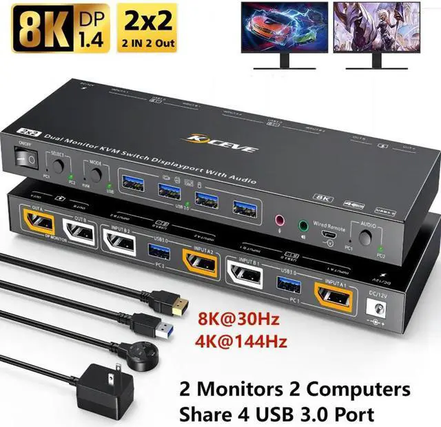 SMA USB 3.0 Displayport KVM Switch 2 Monitors 2 Computers 8K 30Hz 4K 144Hz Dual Monitor Displayport1.4 KVM Switches with Audio and 4 USB3.0 Port for USB Device Wired Remote and USB3.0 Cables Included