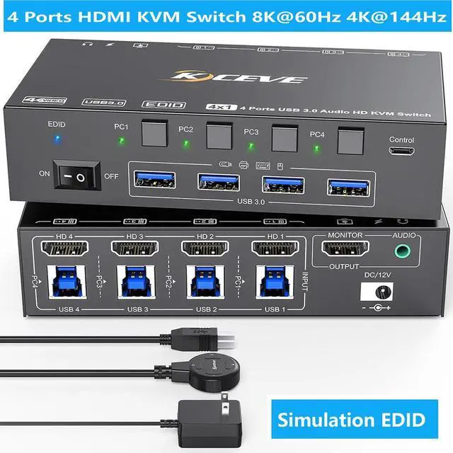 SMA USB 3.0 KVM Switch HDMI 4 Port 8K 60Hz 4K 144Hz EDID Simulation KVM Switch 4 Computers Share 1 Monitor and 4 USB Devices Keyboard Mouse Switch with USB Cables Wired Control and Power Supply