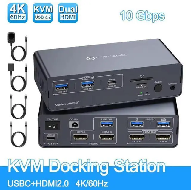 SMA USB C Docking Station HDMI KVM Switch 2 Computers 2 Monitors for Laptop Desktop USB C With 4K 60Hz 2 HDMI 2.0 USB 10Gbps Dual Monitor KVM Switcher for Laptop and PC Share 13 in 1 Dock