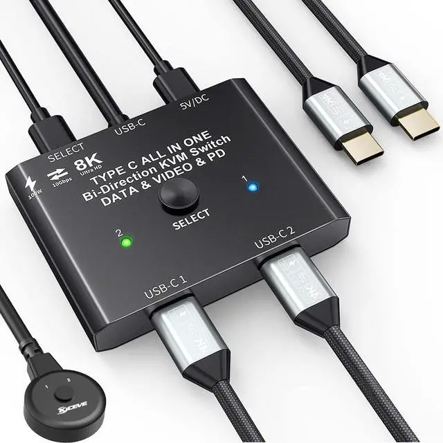 SMA USB C Switch 2 in 1 Out/1 in 2 Out Bi-Directional USB C Switcher Selector for 2 Laptops Share 1 USB Device 8K 60Hz/10Gbps Data Transfer/100W Charging Come with Wired Control and 2 UBS C Cables