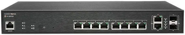 SonicWall Switch SWS12-10FPOE 12 Ports - Manageable - 2 Layer Supported - Modular - 2 SFP Slots - 152.80 W Power Consumption - 130 W PoE Budget - Optical Fiber Twisted Pair - PoE Ports - Desktop