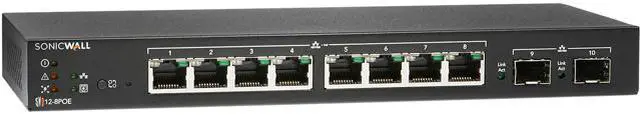 SonicWall Switch SWS12-8POE 10 Ports - Manageable - 2 Layer Supported - Modular - 2 SFP Slots - 73.30 W Power Consumption - 55 W PoE Budget - Optical Fiber Twisted Pair - PoE Ports - Desktop