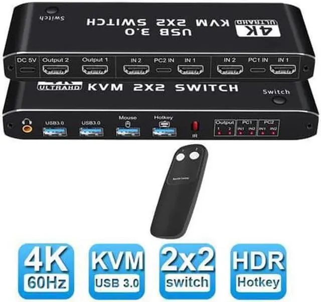 STARNOONTEK 8K HDMI KVM Switch 2 in 2 Out Dual Monitor 8K 60Hz 4K 120Hz 2 PC to 2 Monitor with 2 USB 3.0 Ports and Keyboard Mouse port for Sharing Keyboard Mouse U Disk