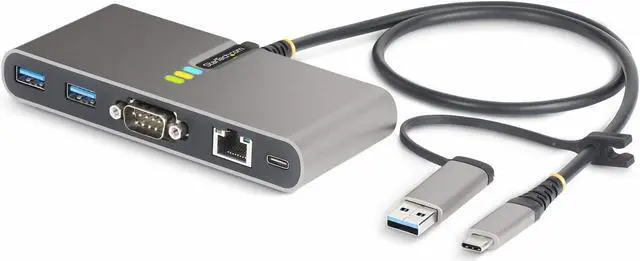 StarTech.com 2-Port USB-C Hub with Gb Ethernet and RS232 FTDI Serial Attached USB-C to USB-A Dongle 100W PD Pass-Through 2x USB-A 5Gbps