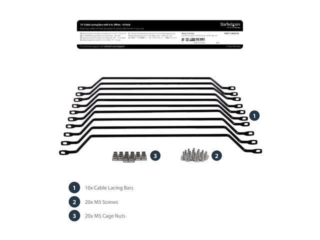 StarTech.com Cable Lacing Bar - 10 Pack - Steel - Horizontal Cable Management Bar - Rack Cable Organizer - Cable Lacing Tool