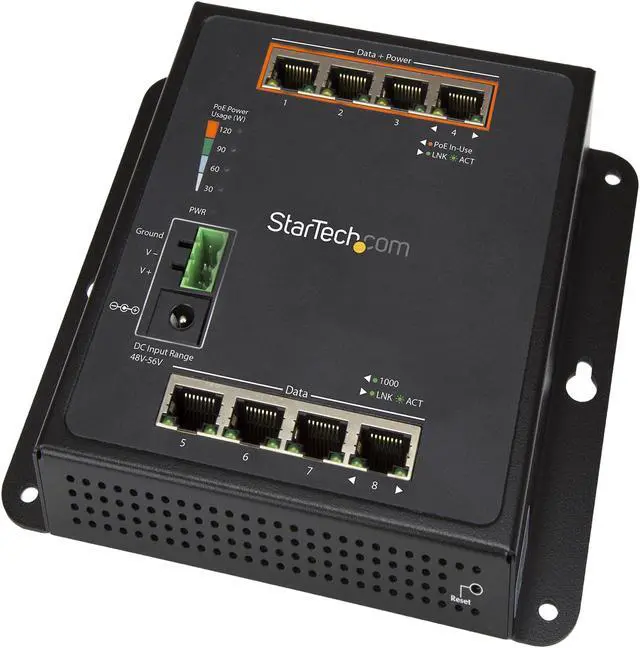 StarTech.com Industrial 8 Port Gigabit PoE Switch - 4 x PoE+ 30W - Power Over Ethernet GbE Layer/L2 Managed Network Switch -40C to +75C