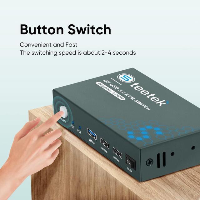 Steetek 2 Port DP USB 3.0 KVM Switch 4K 60Hz KVM Switch Displayport 2 In 1 Out. KVM Switch For 2 Computer Share 1 Monitor And USB 3.0 Hub Button Switch With 2 DP And 2 USB 3.0 Cable